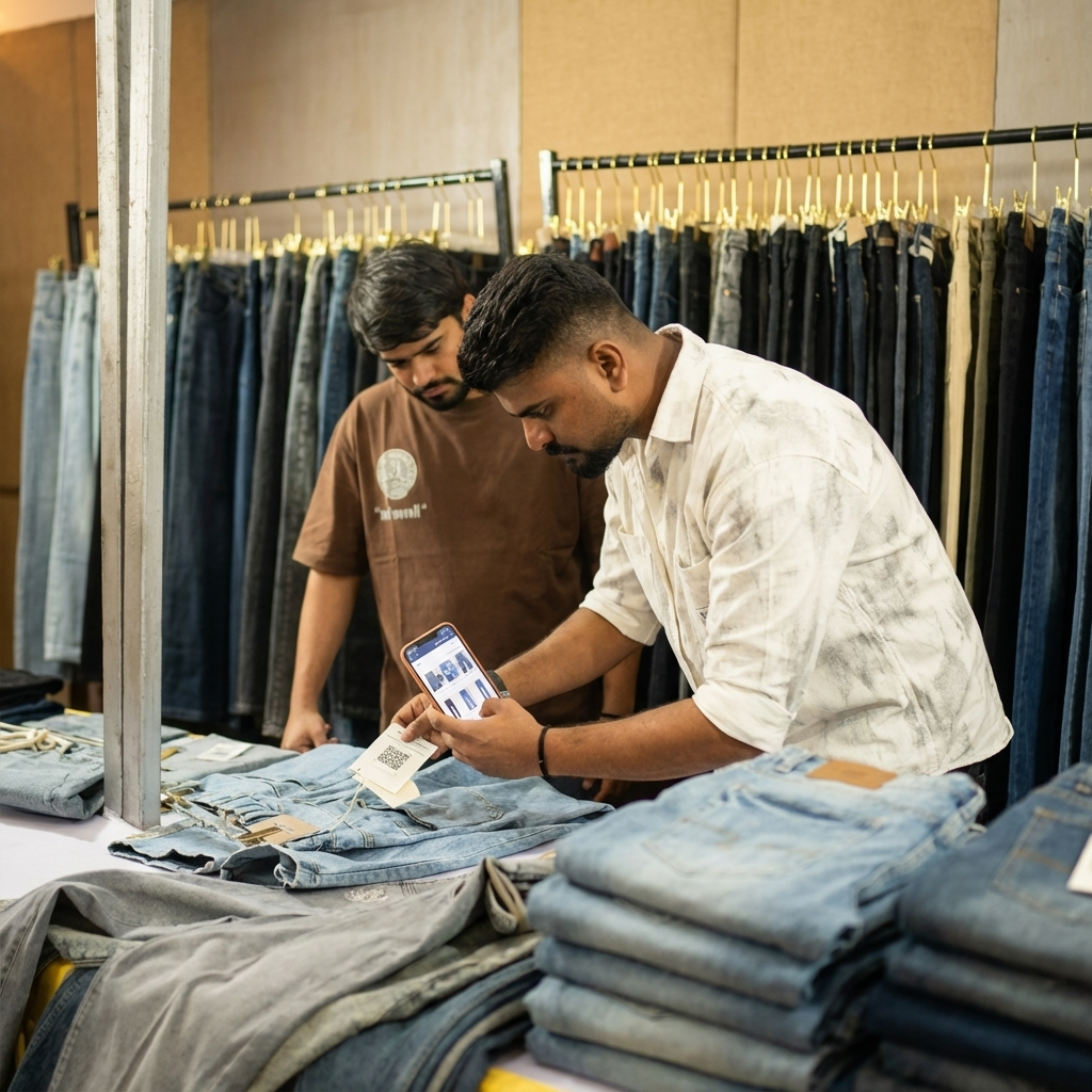 Staff using SpotBook on the expo floor, with racks of jeans in the background
