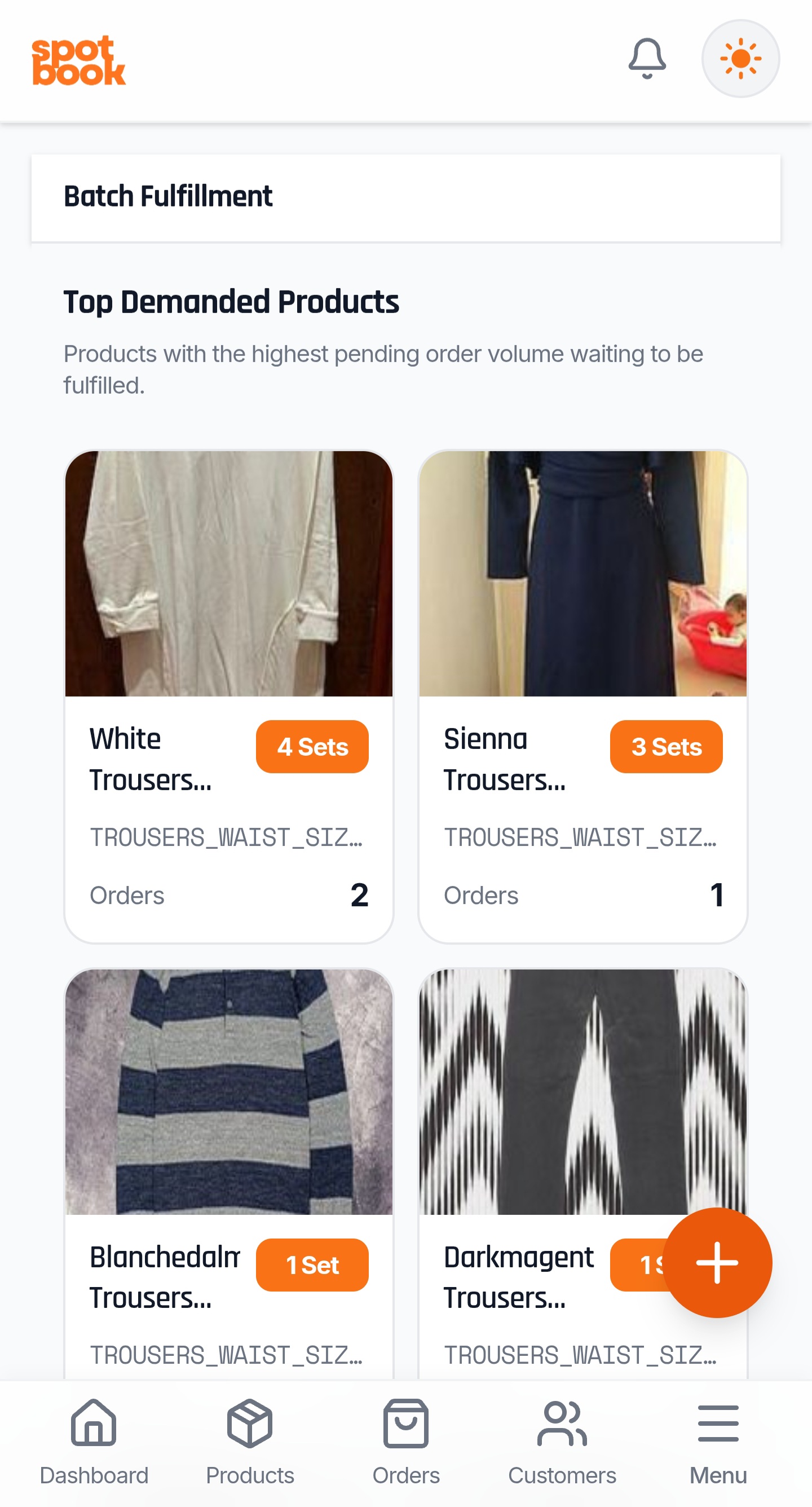 SpotBook product-based fulfilment screen grouping demanded products and their pending orders