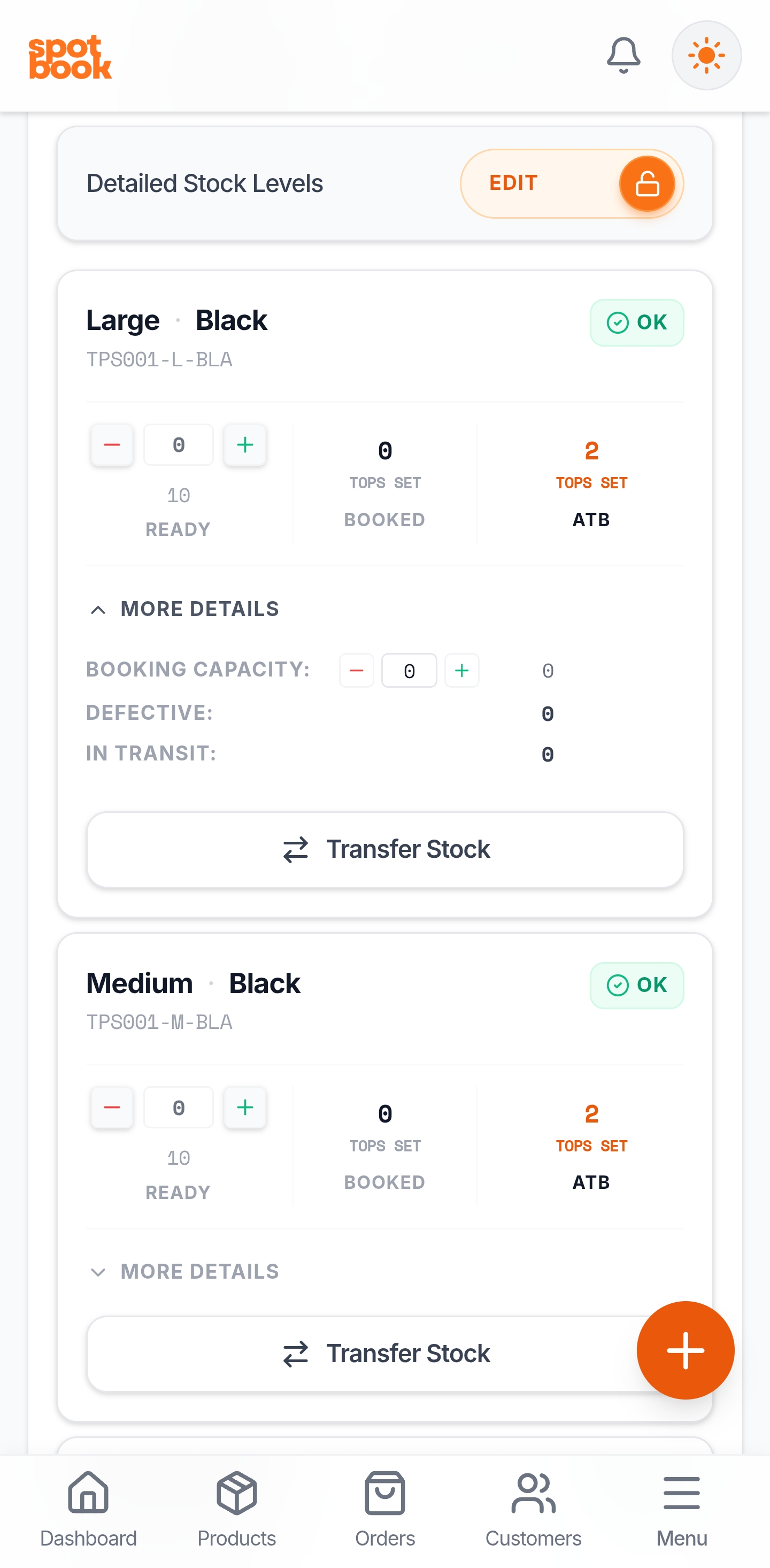 SpotBook inventory edit view with size-level stock states, locked edit mode, and stock transfer controls
