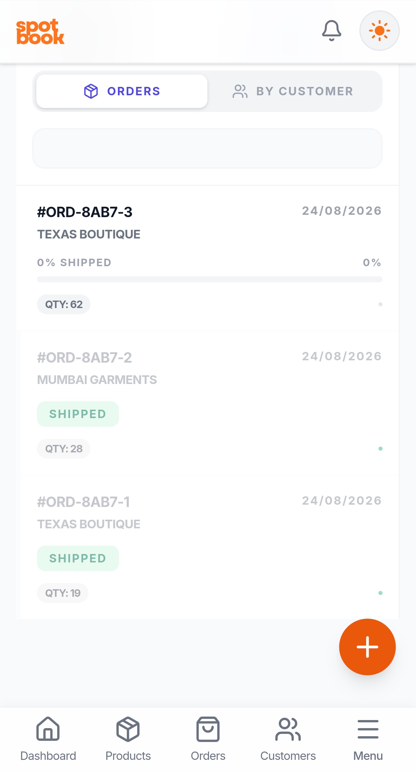 SpotBook order-based fulfilment screen listing orders and their shipping status